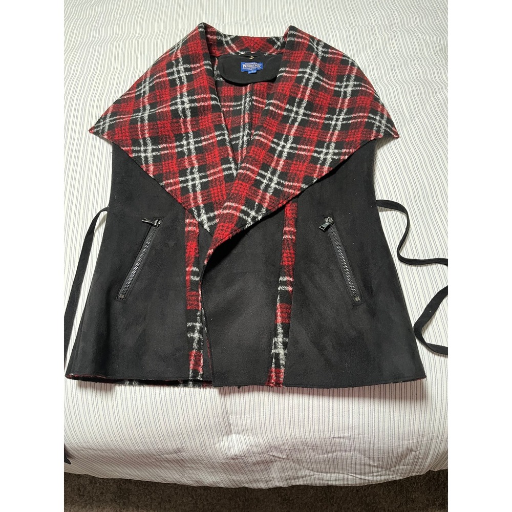 Pendleton Womens Faux Suede Plaid Shawl Collar Belted Vest Black Red M 0008